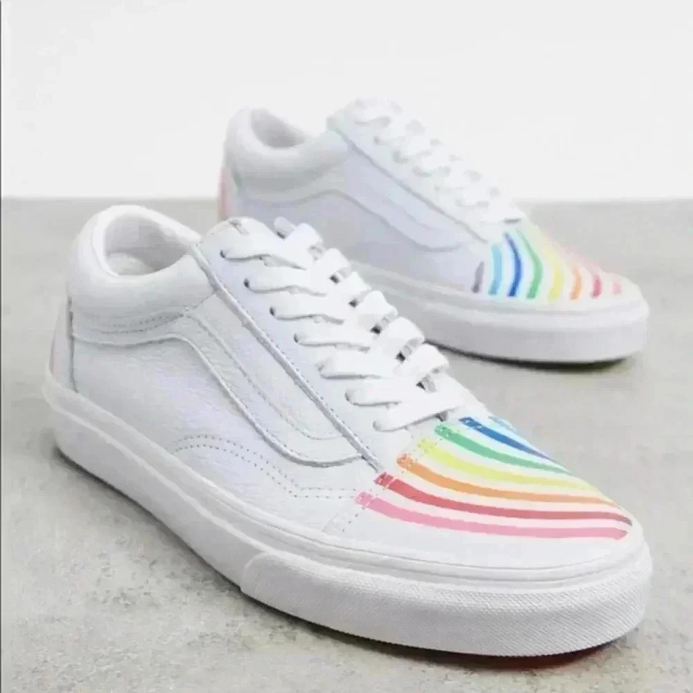 VANS X FLOUR SHOP OLD SKOOL white leather and rainbow sz 8.5 wmns or 7 mens